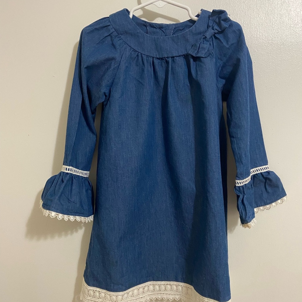 Blue Long Sleeve Kids Dress with Lace Trim size 6